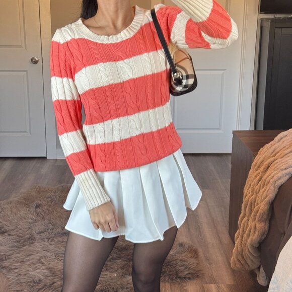 J Crew Coral/White Striped Cable Knit Sweater Preppy Coquette Coastal Y2K Size S - Picture 3 of 9